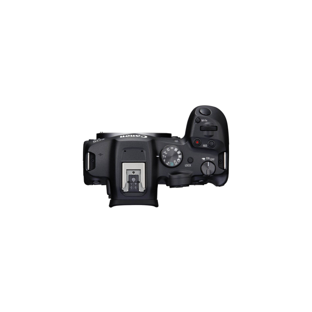 Top view of a black Canon EOS R digital camera with controls.