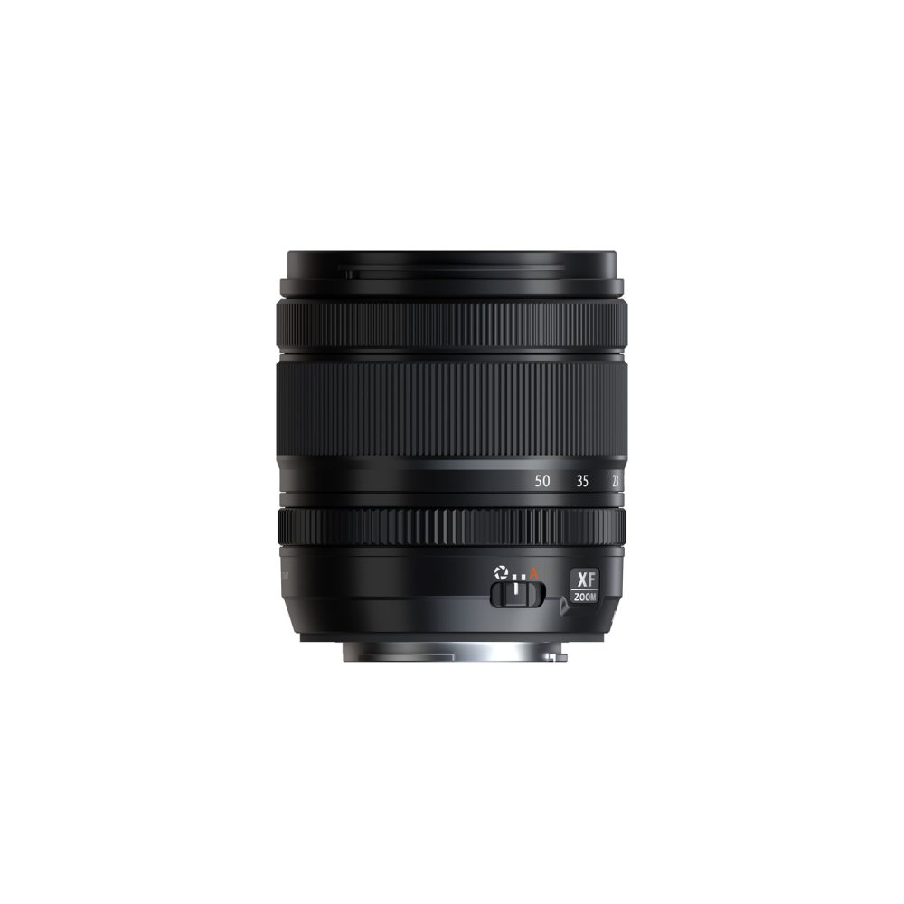 Ein schwarzes Kameraobjektiv mit Zoom- und Fokuseinstellungen.