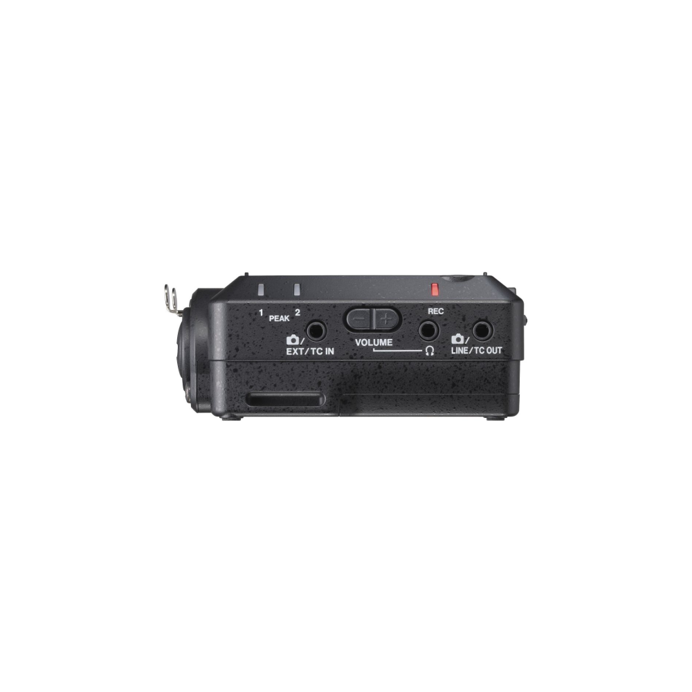 Czarny rejestrator audio z portami EXT/TC IN, VOLUME i LINE/TC OUT.