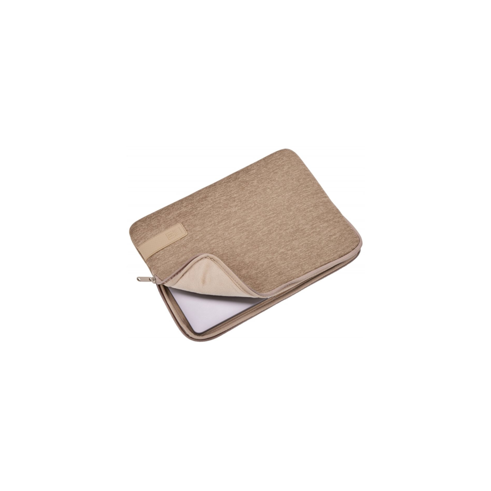 A beige laptop sleeve with a zipper, a laptop inside.