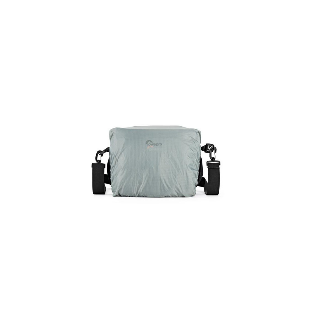 Eine graue Kameratasche mit schwarzen Riemen und dem Lowepro-Logo.