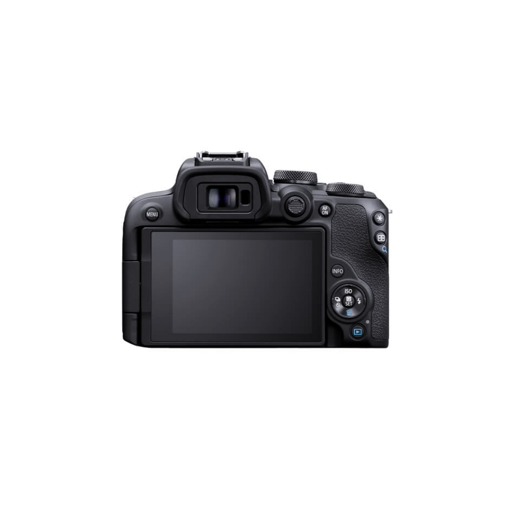Back view of a black digital camera with LCD screen and control buttons.