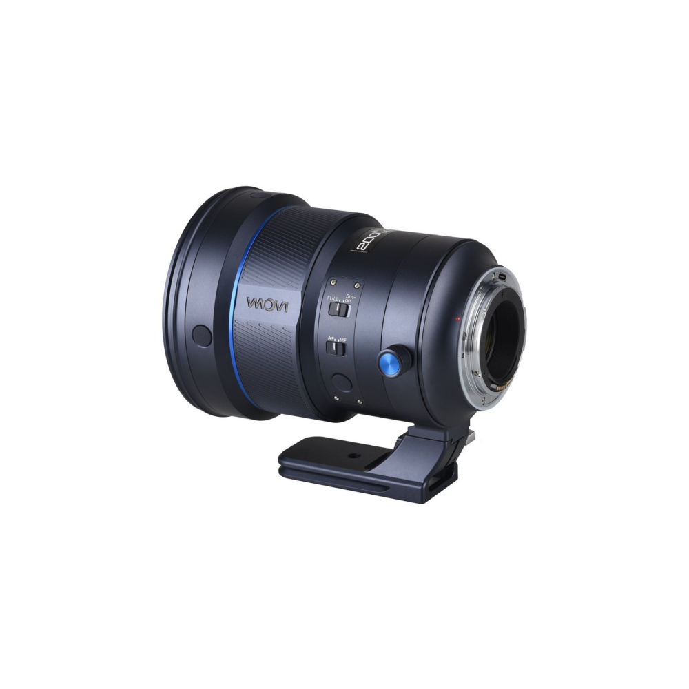 A dark camera lens with a stand, on a white background.