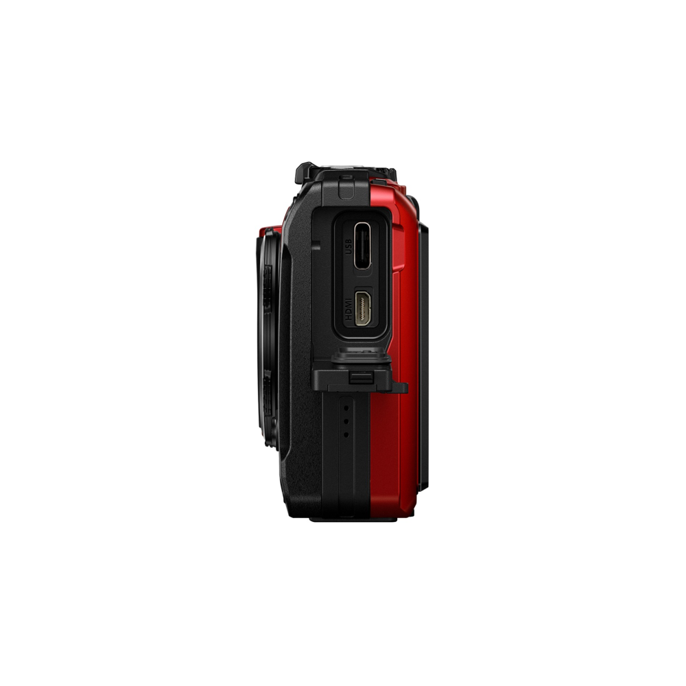 Cámara roja y negra con puertos USB y HDMI en el lateral.