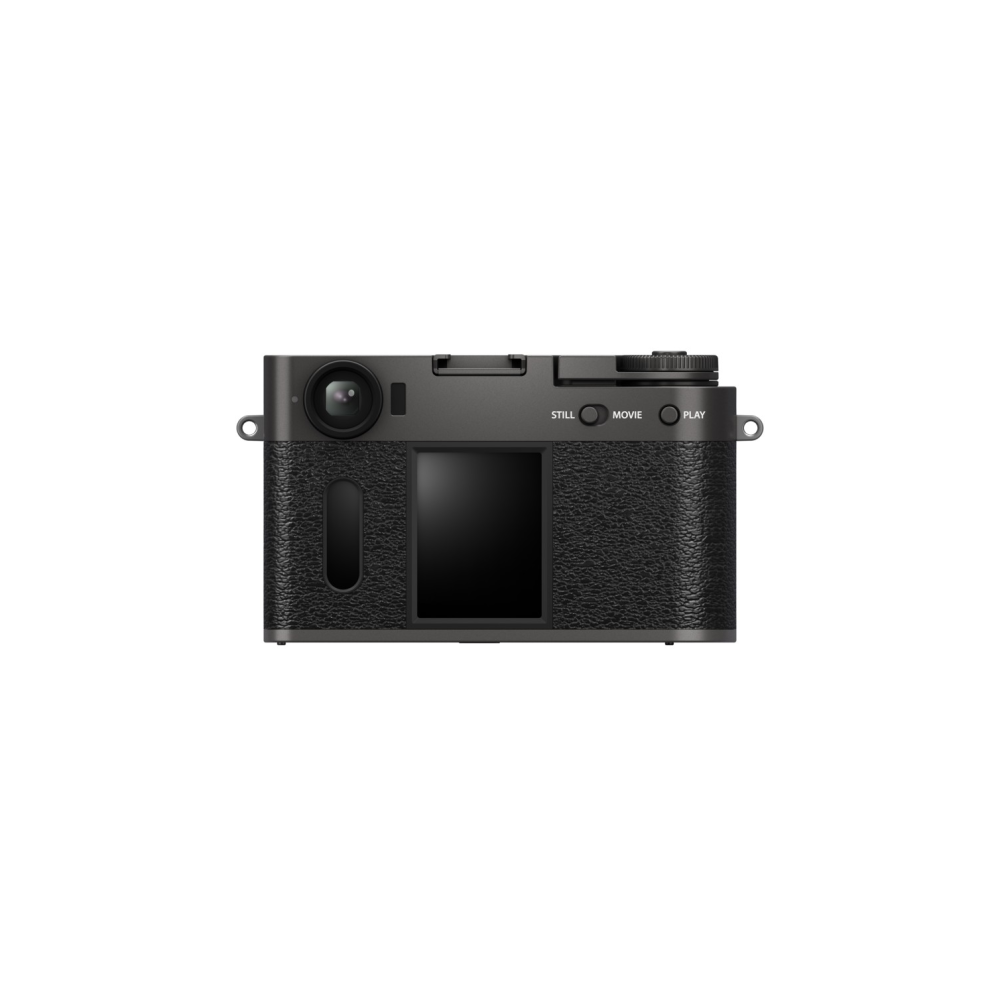 Een zwarte digitale camera met lens, scherm en bedieningsknoppen.