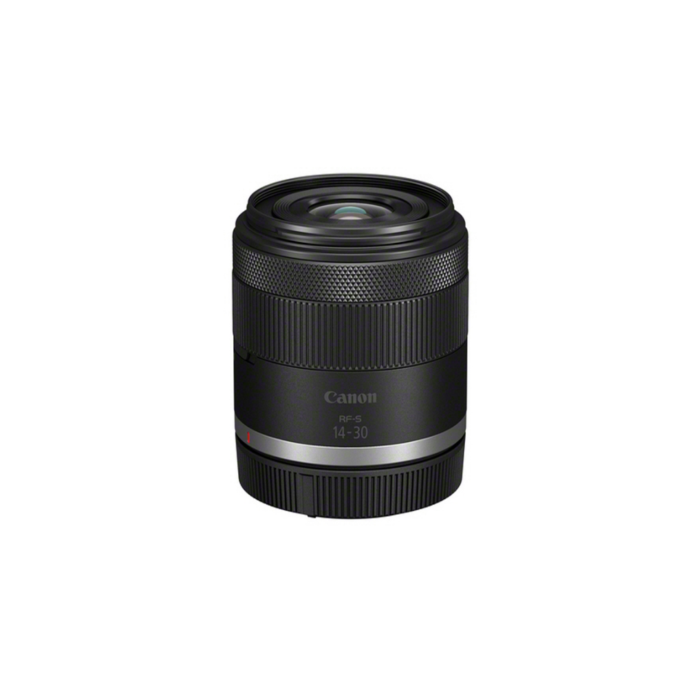 Een zwarte Canon RF-S 14-30 mm lens tegen een witte achtergrond.