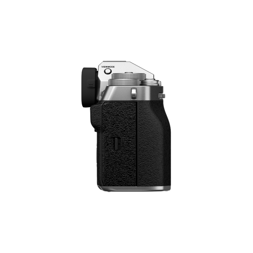 Zijaanzicht van een zilveren en zwarte camera. 'Viewmode'-knop zichtbaar aan de bovenkant.