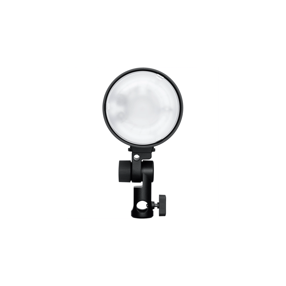 Una luce fotografica nera con diffusore rotondo e attacco regolabile.