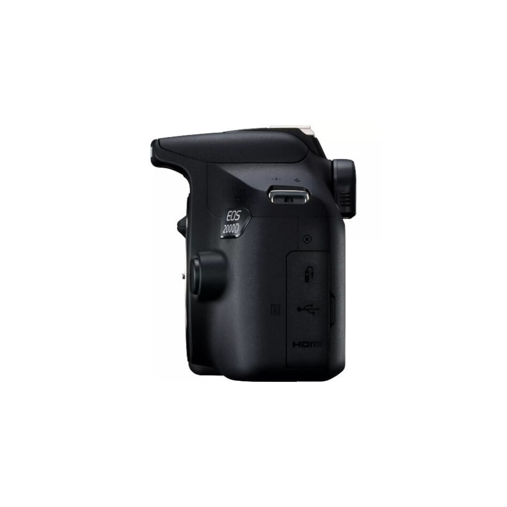 Black Canon EOS 2000D camera in side profile showing ports.