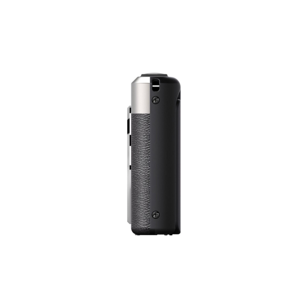 Compact black camera with silver accents, side view.