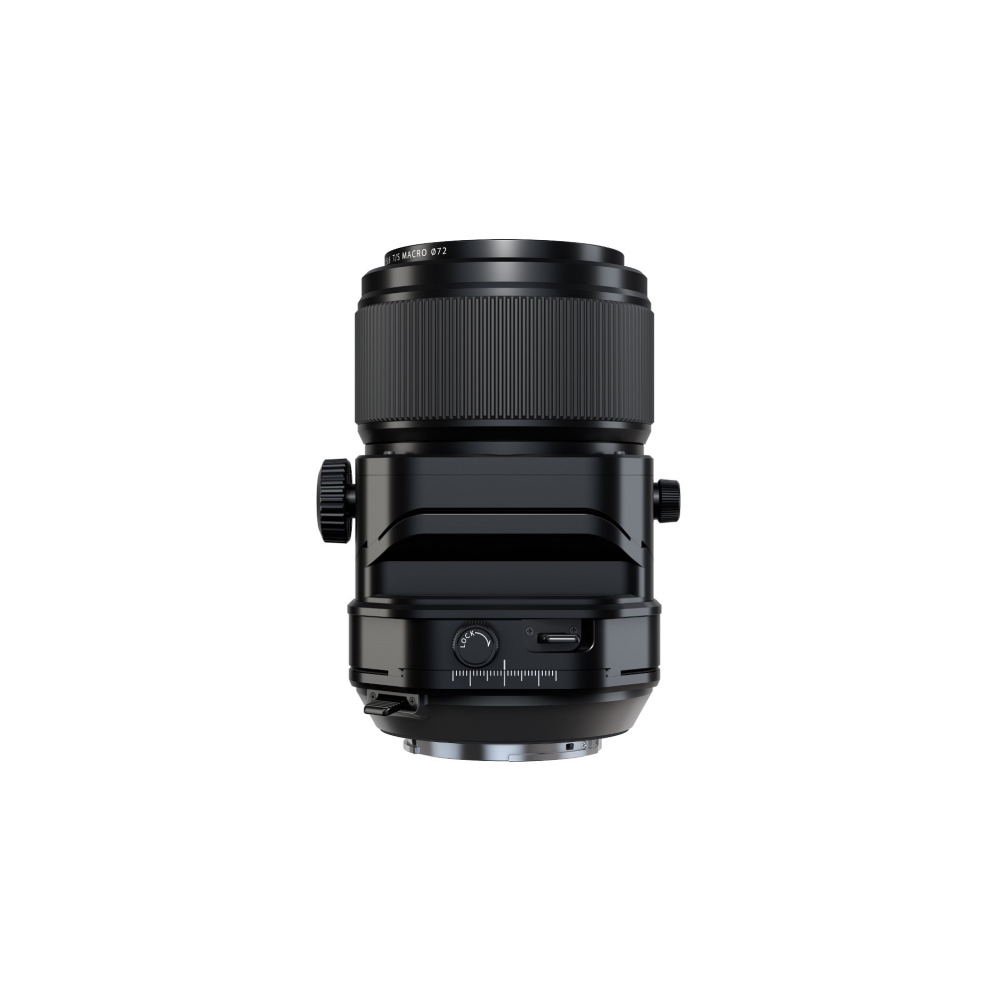 Black macro lens with focus ring and lock mechanism.