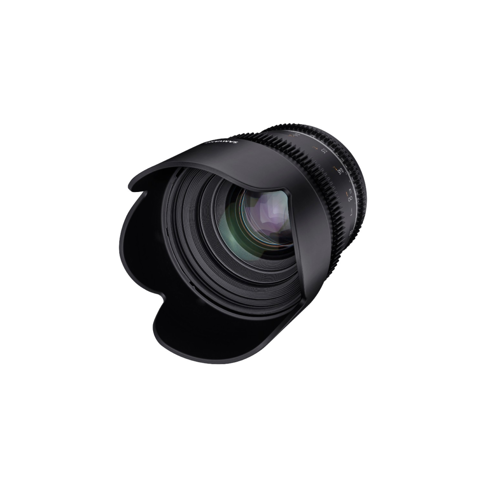 A black camera lens with a lens hood. Focus and aperture rings are visible.