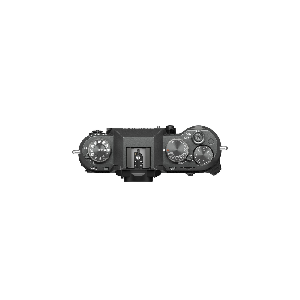 Bovenaanzicht van een zwarte camera met draaiknoppen en knoppen.