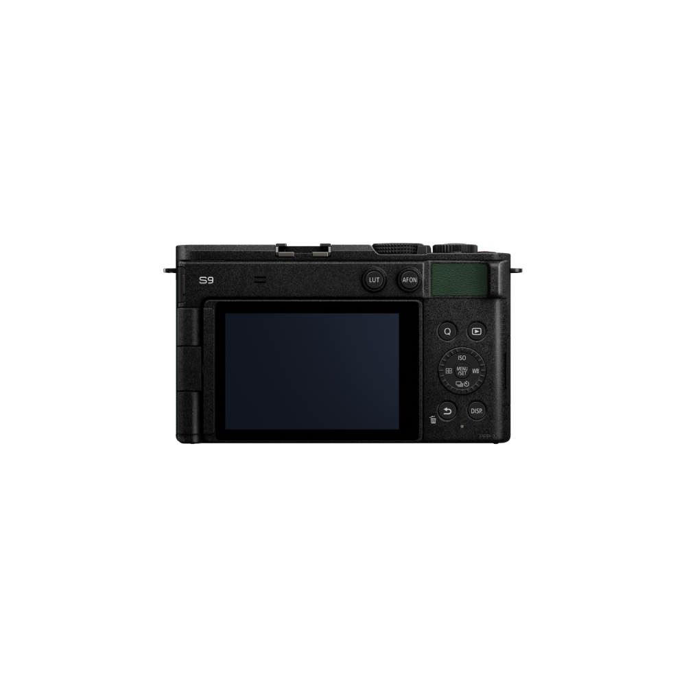 Back view of a black digital camera with screen and control buttons.