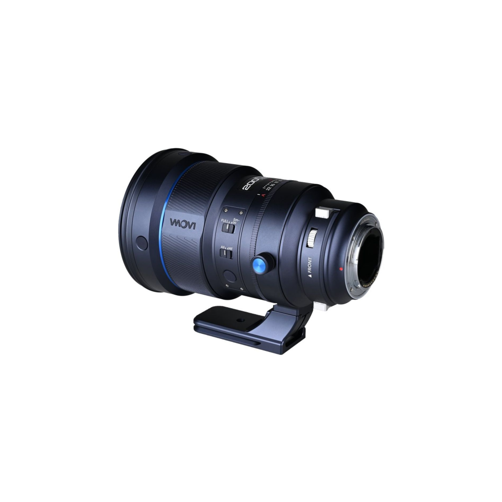 A black lens with blue accents and a support, on a white background.