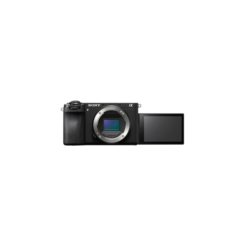 Black Sony Alpha camera with open lens mount and flip-out screen.