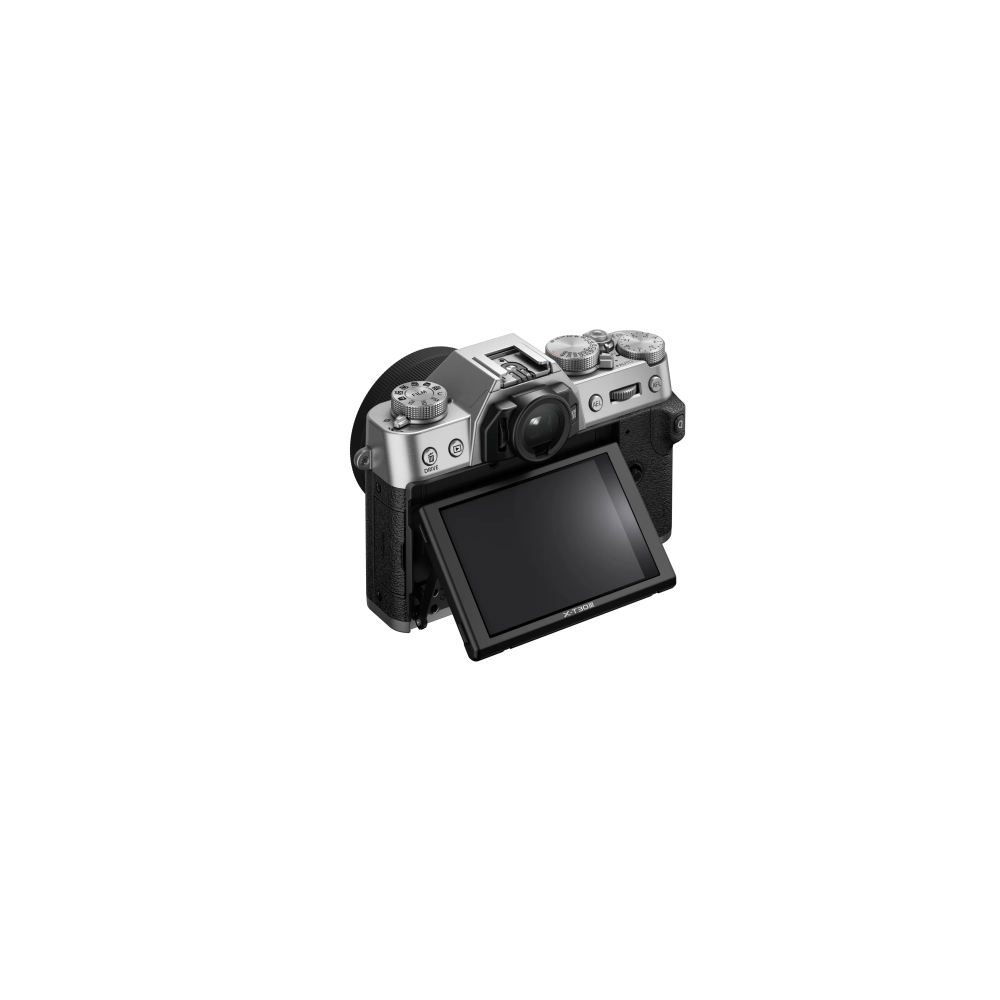 Zilveren camera met uitklapscherm.