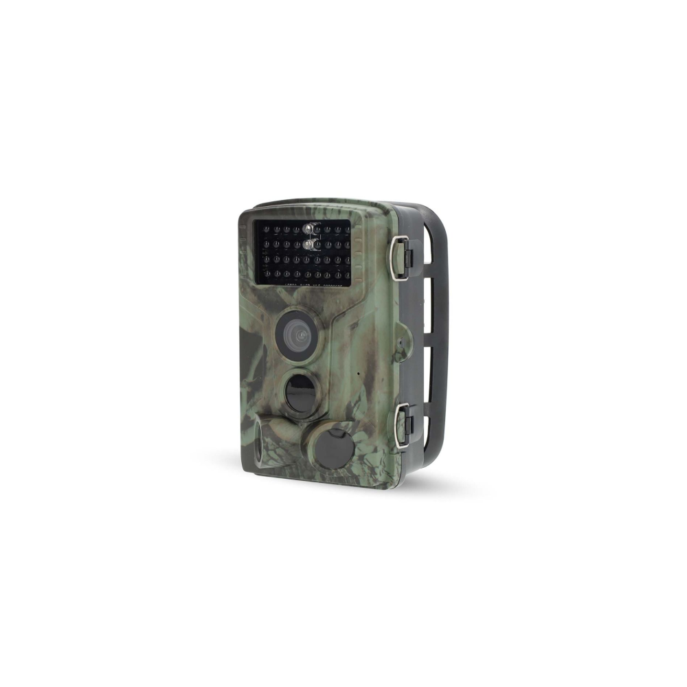 Eine Wildkamera in Tarnmuster mit Linsen und LEDs auf der Vorderseite.