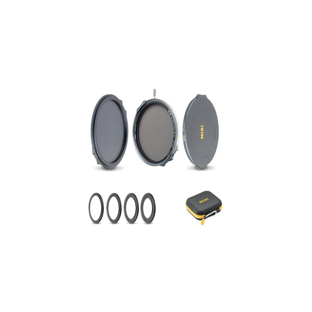 Nisi filter set with holder, lens cap, three rings, and a small case.