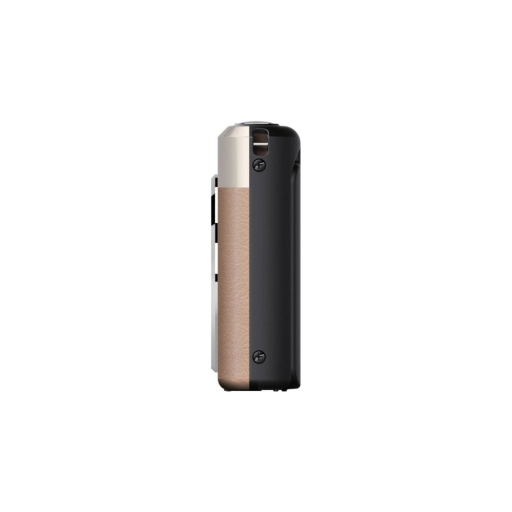 Zijaanzicht van een AA-batterij met zwarte en gouden behuizing op witte achtergrond.