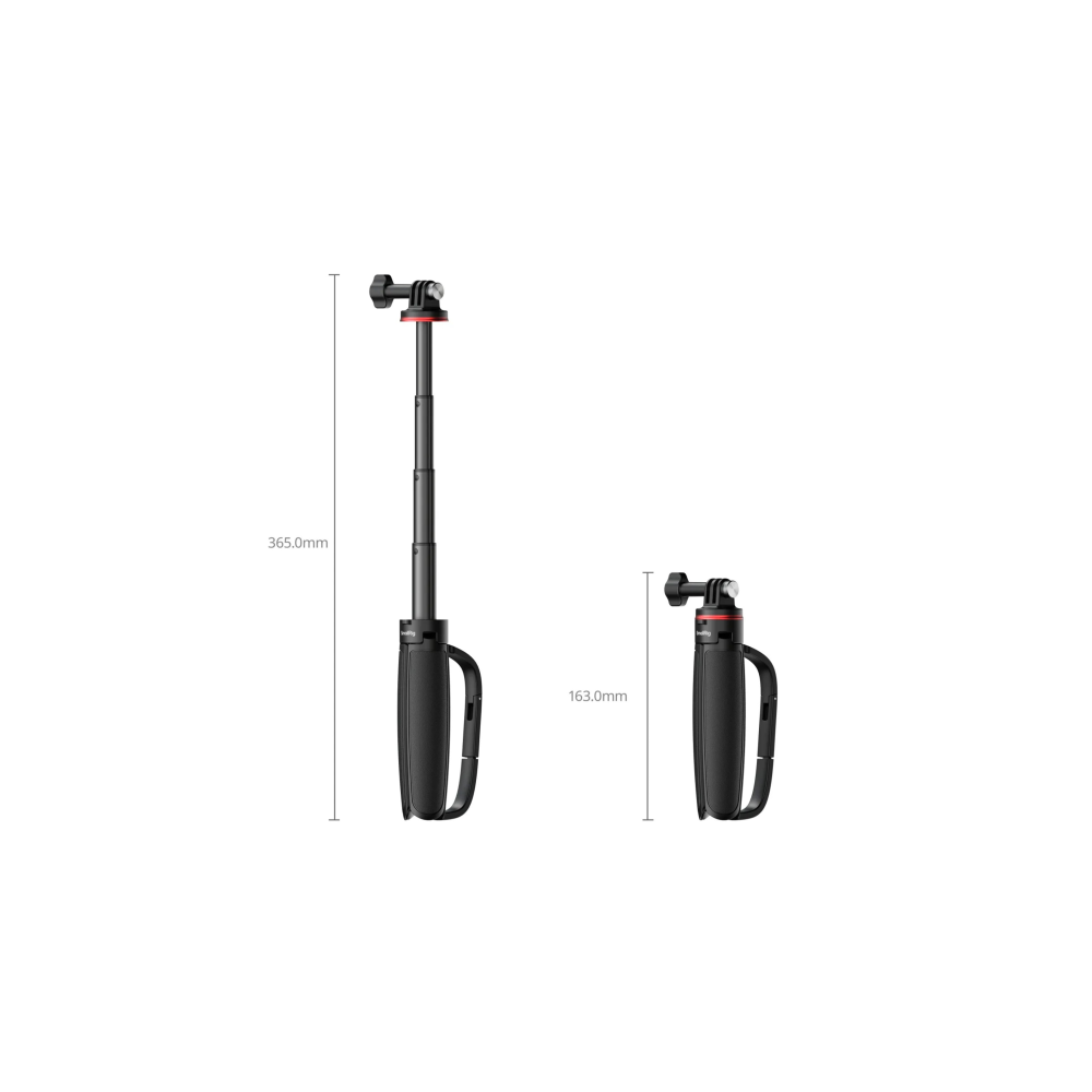 Deux perches à selfie noires avec poignées et supports GoPro, une étendue (365mm), une rétractée (163mm).