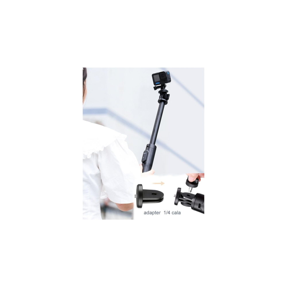 Gros plan d'un adaptateur de trépied GoPro avec filetage, fixé par une personne.