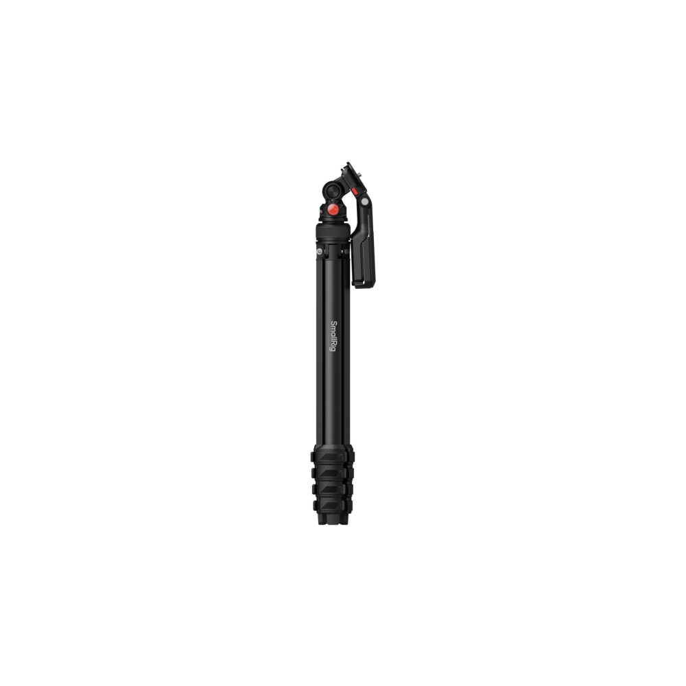 A black camera grip tripod with a red button and adjustable head.