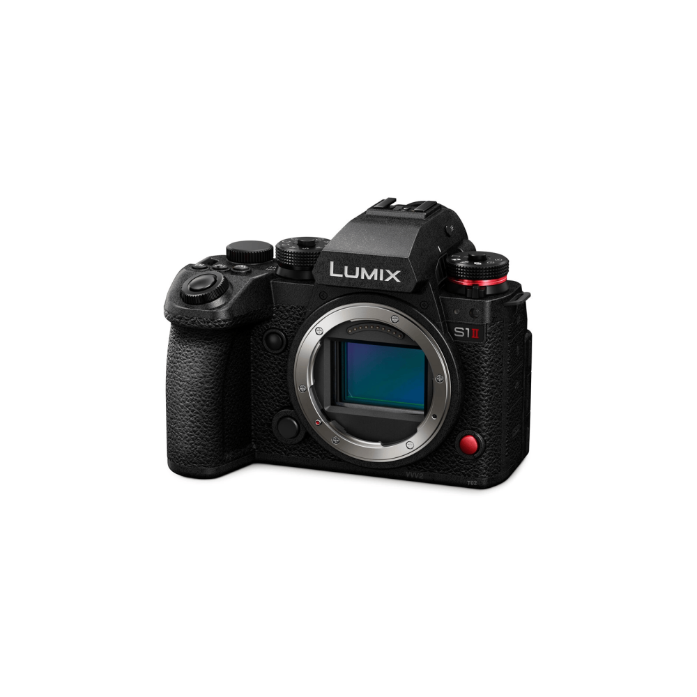 Eine schwarze Lumix S1H Vollformatkamera mit Objektivanschluss.