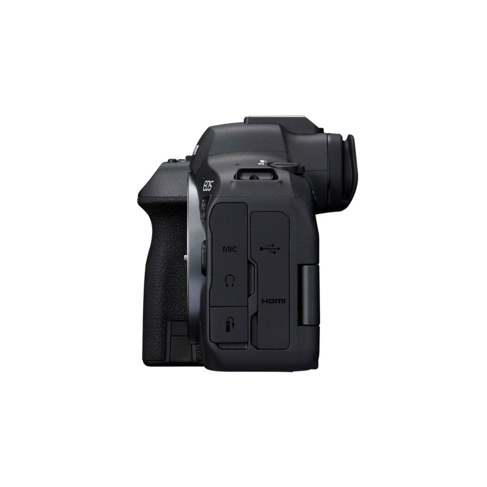 Black EOS digital camera from the side showing mic, USB, and HDMI ports.