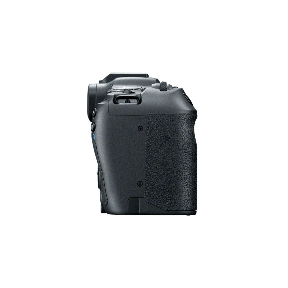 Black camera shown from the side, focusing on the grip and buttons.