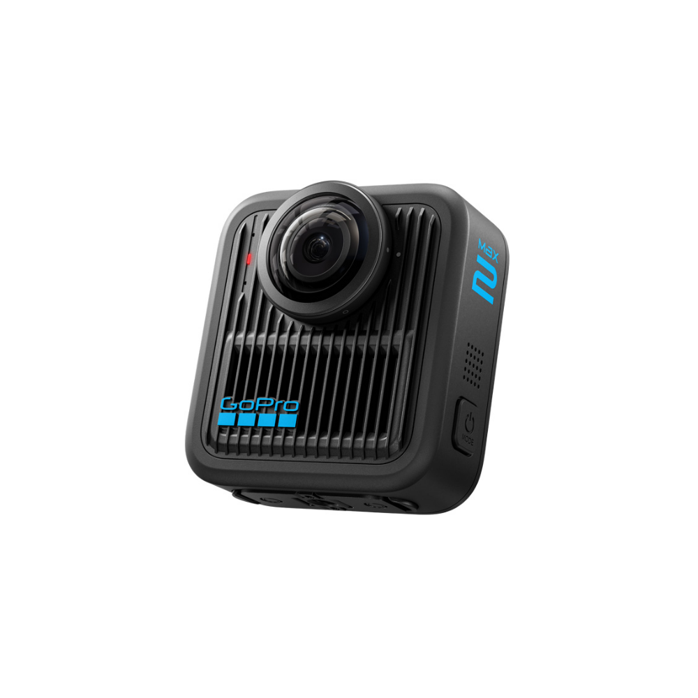 Schwarze GoPro MAX 2 360-Grad-Kamera mit einem Objektiv und Lüftungsschlitzen.