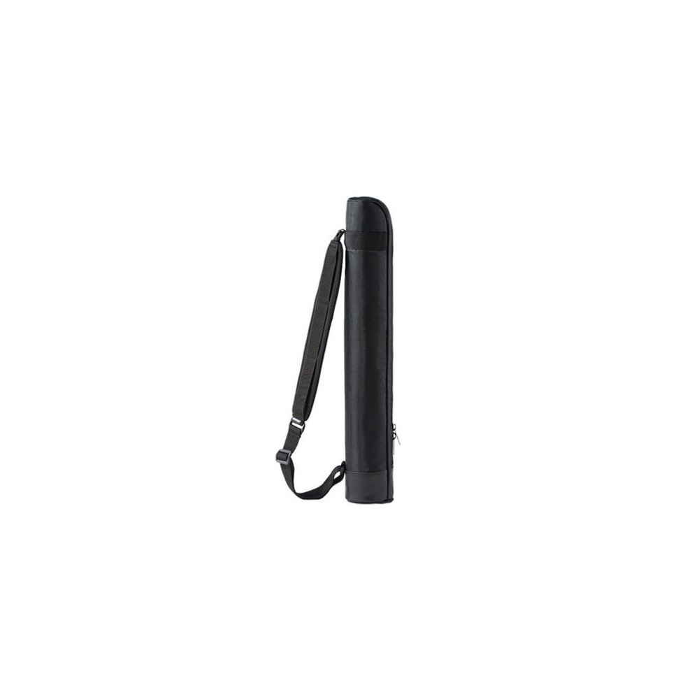 A black, cylindrical bag with a shoulder strap, set against a white background.