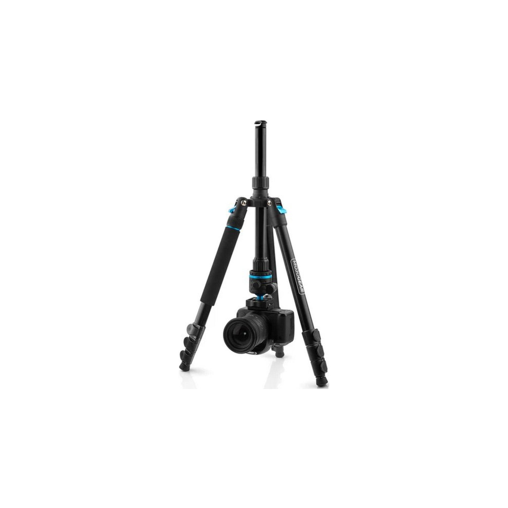 A black camera is attached to a black tripod with blue accents.