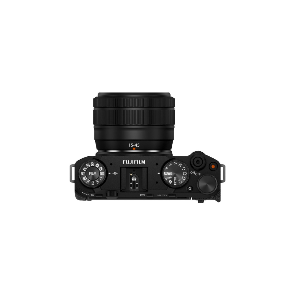 Obenansicht einer schwarzen Fujifilm Kamera mit einem 15-45mm Objektiv.