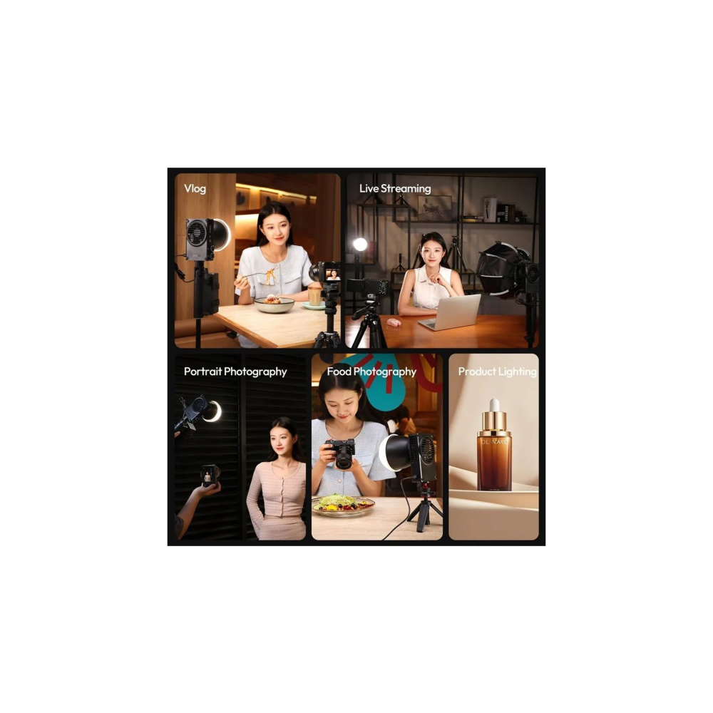 Collage shows vlog, live streaming, portrait, food, and product photography setups.