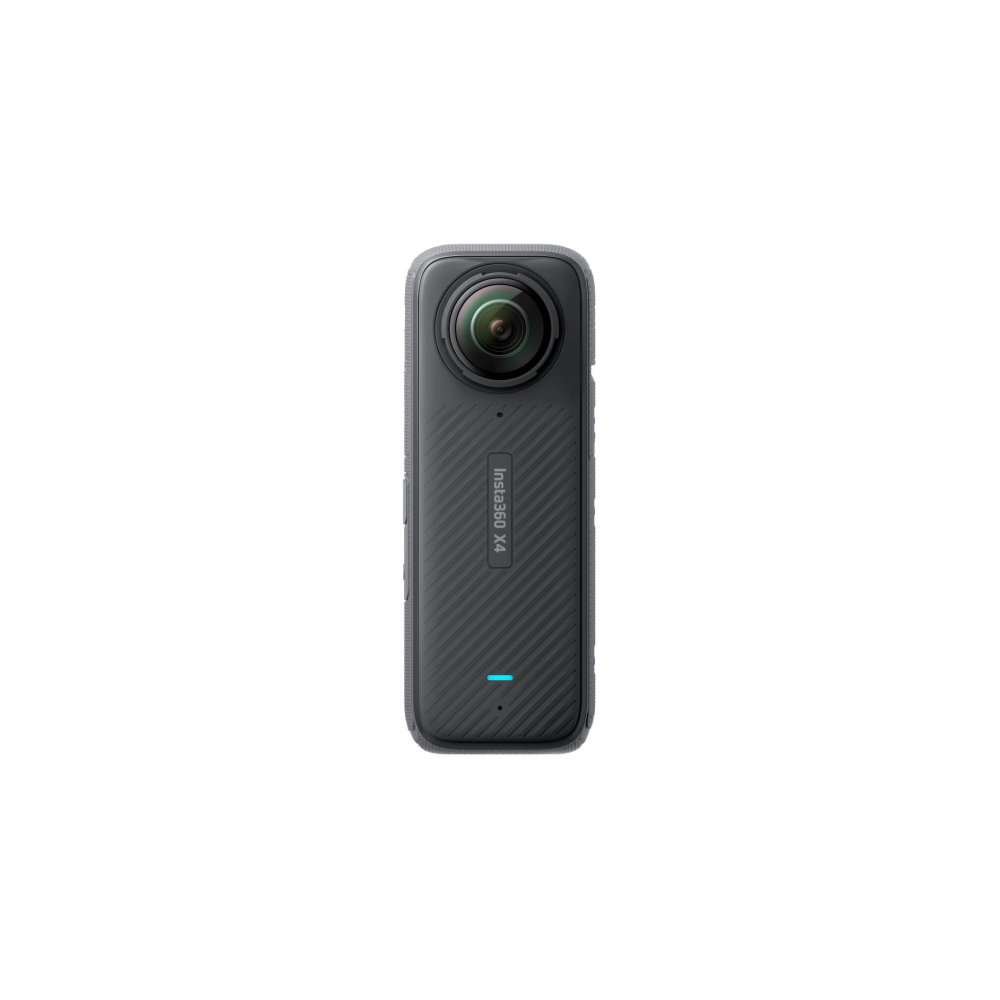 Eine dunkle 360-Grad-Kamera mit Linsen oben und einem blauen Licht unten.