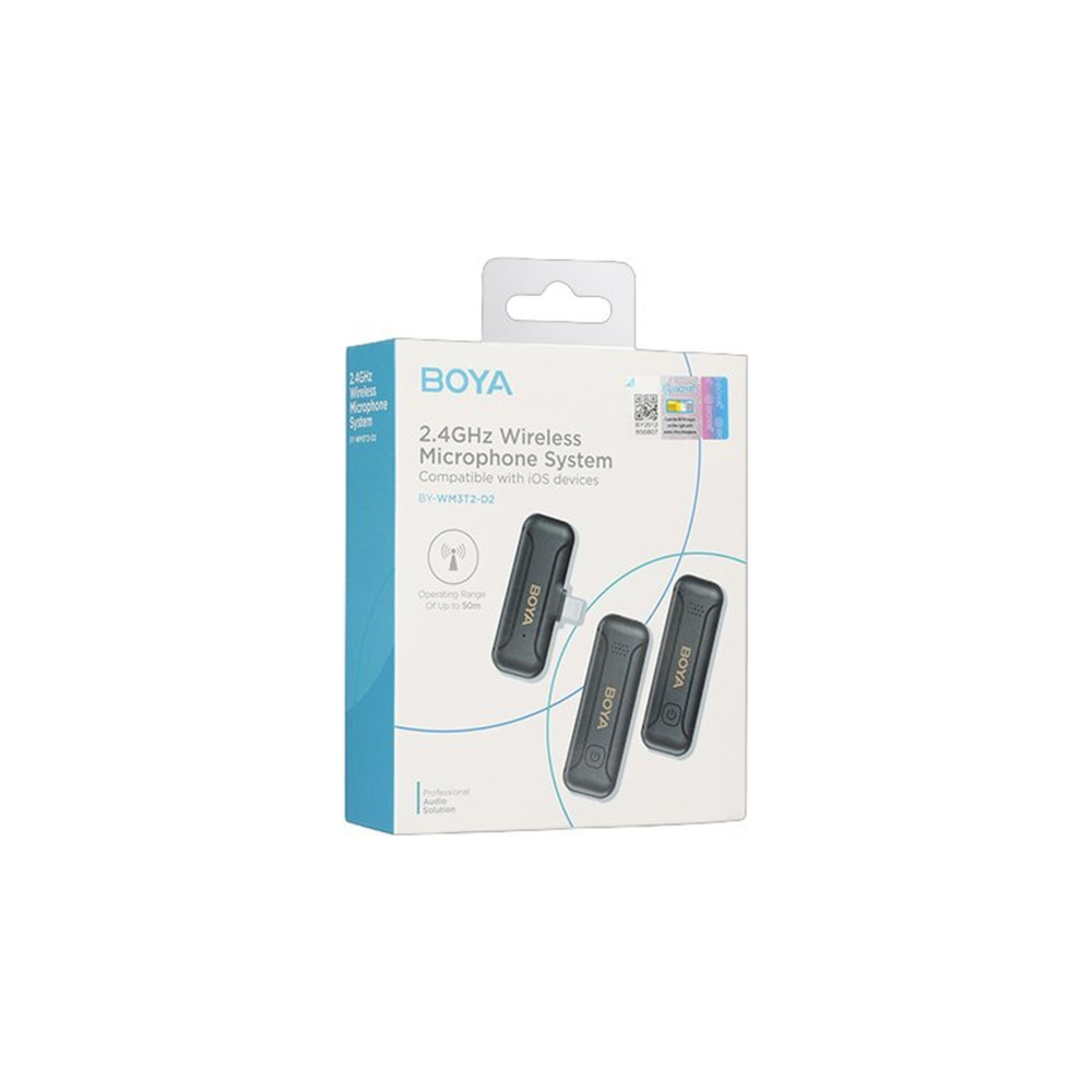 BOYA 2.4GHz draadloos microfoonsysteem voor iOS-apparaten met 2 microfoons.