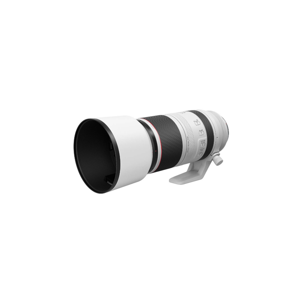 A white camera lens with a lens hood and tripod collar, on a white background.