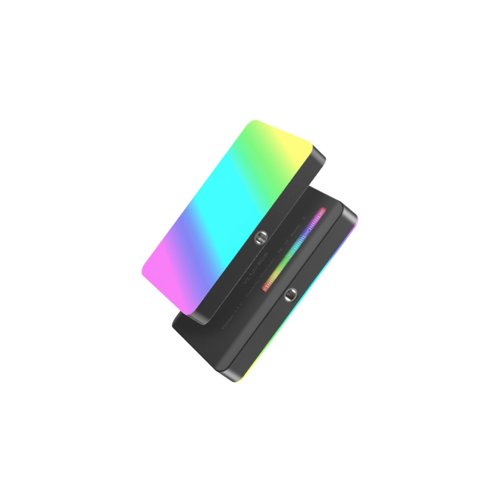 Two rectangular LED lights displaying an RGB spectrum on a white background.