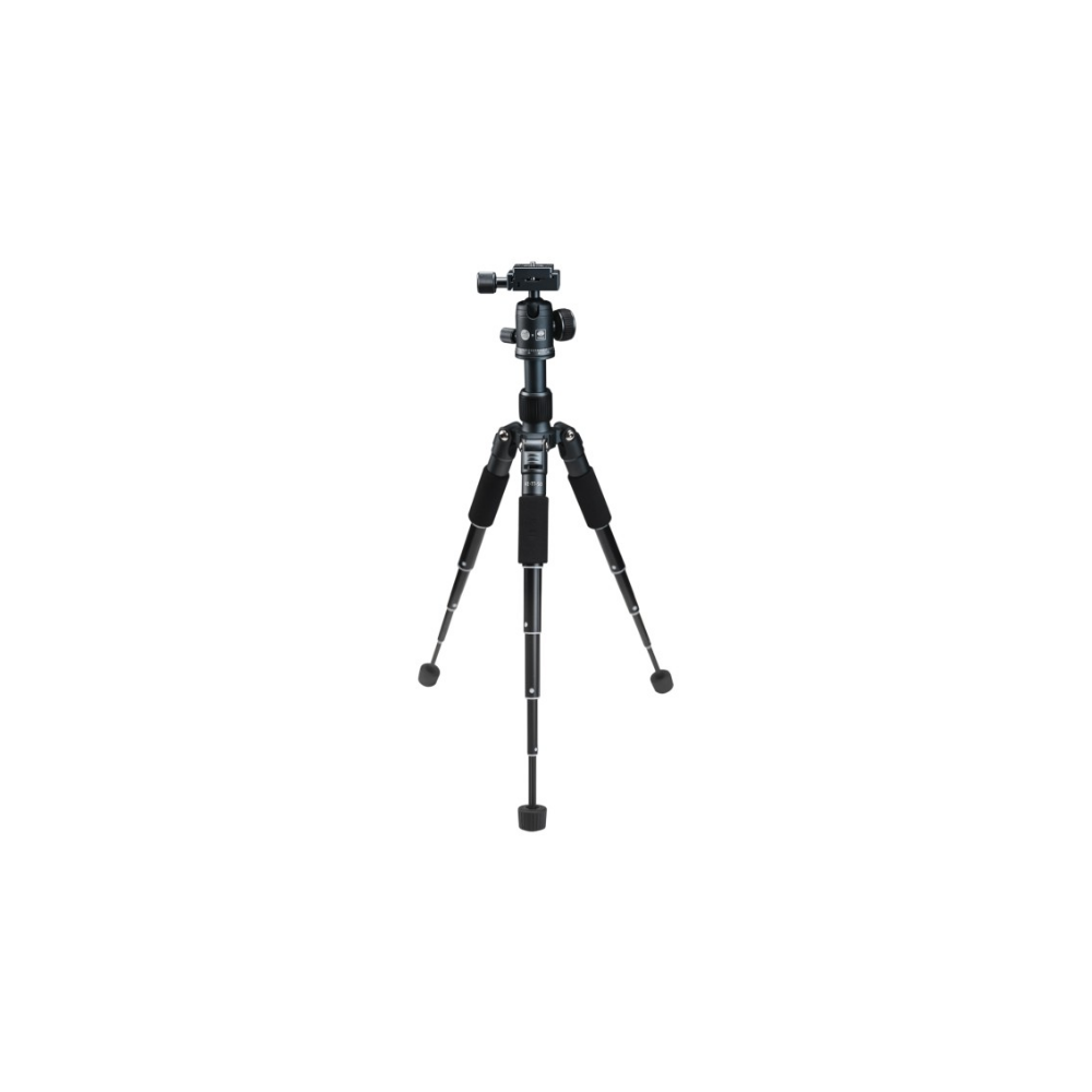 Een zwart statief met drie poten en een camerakop staat tegen een witte achtergrond.