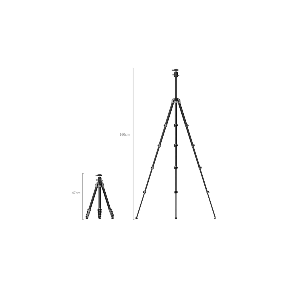 Two black tripods, one 47cm and one 160cm tall.