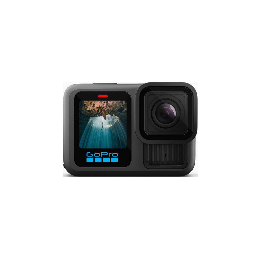 Eine schwarze GoPro-Kamera mit einem vorderen Bildschirm, der eine Person zeigt, die unter Wasser fällt.