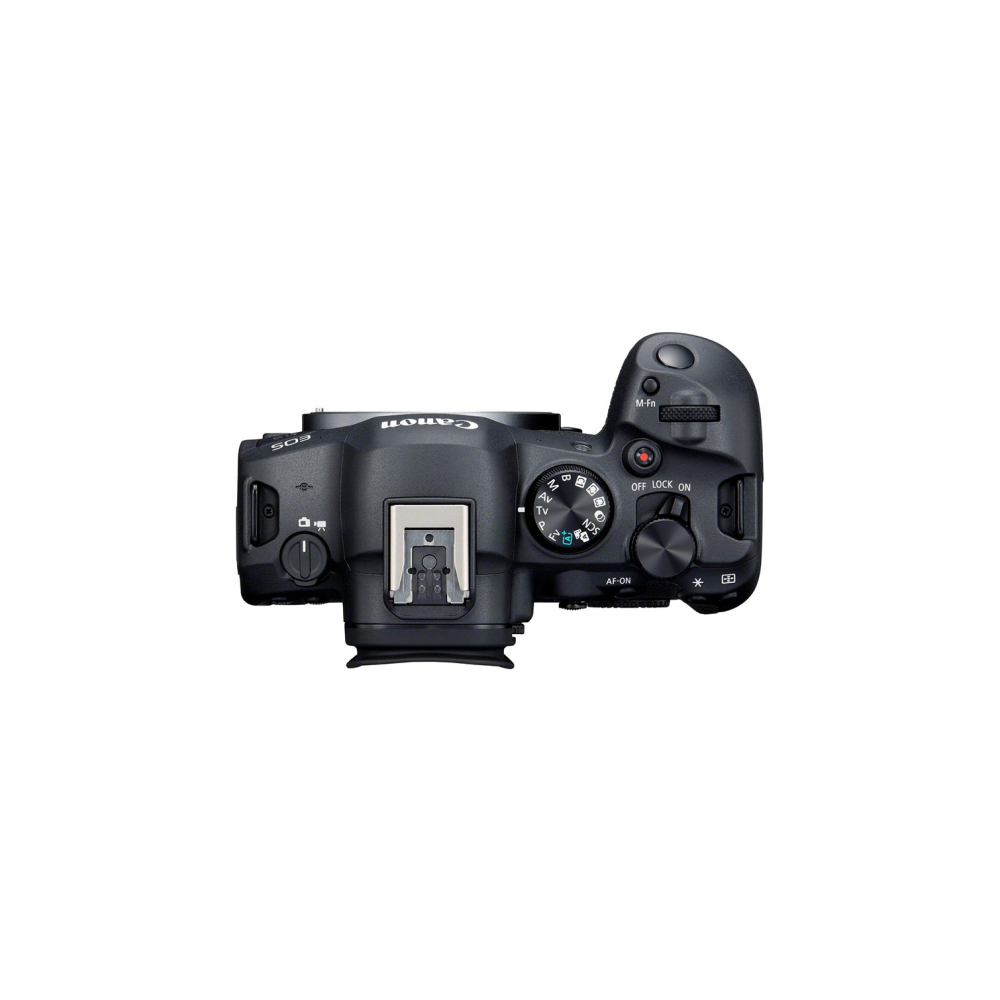 Top view of a black Canon EOS R camera with dials and buttons visible.
