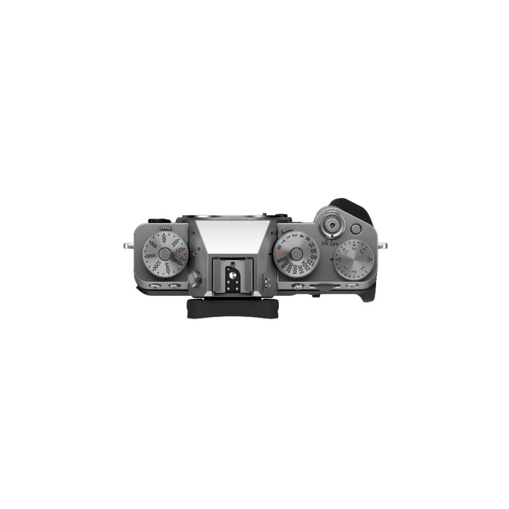 Een zilveren camera van bovenaf gezien, met wijzerplaten en knoppen.