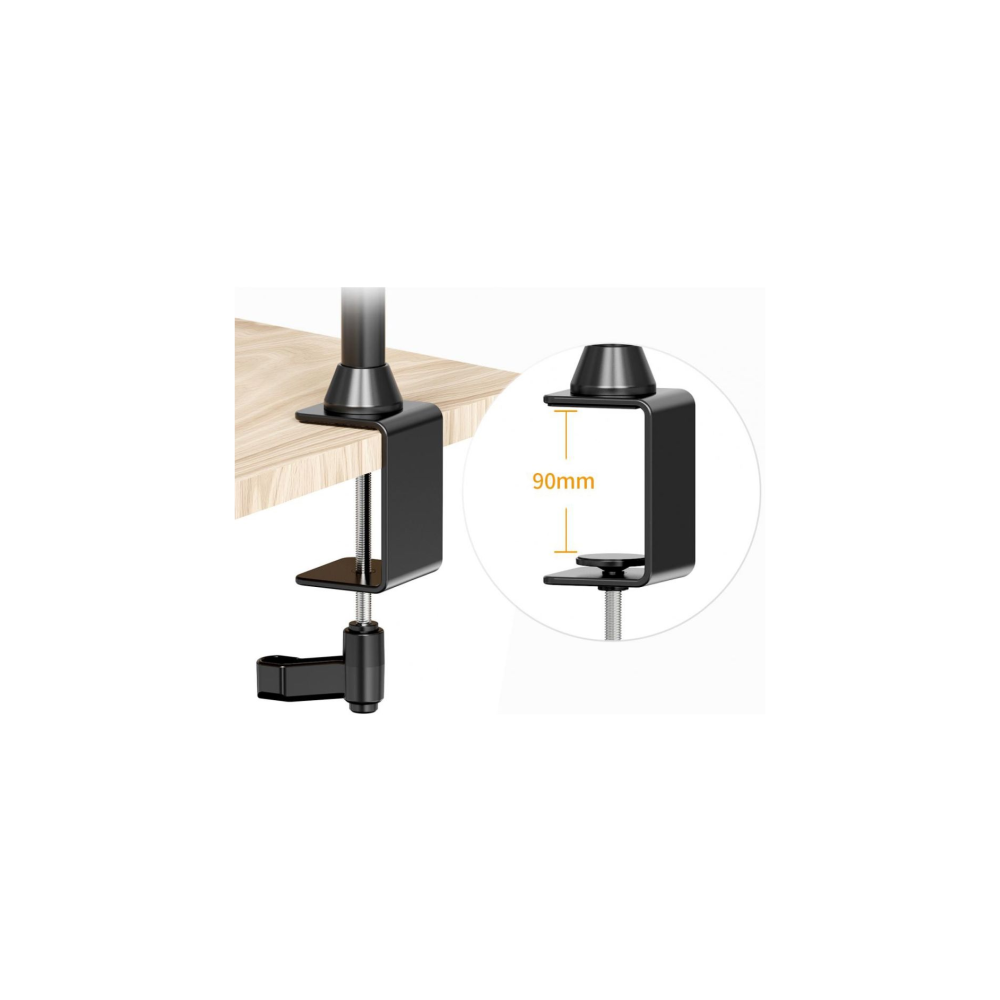 A black desk clamp base with screw on a wooden surface. Zoom shows 90mm clamping capacity.