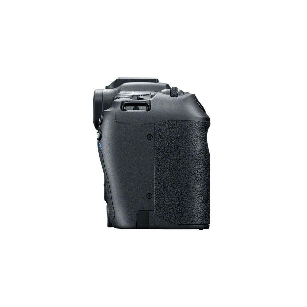 A black digital camera seen from the side, showing its grip and buttons.