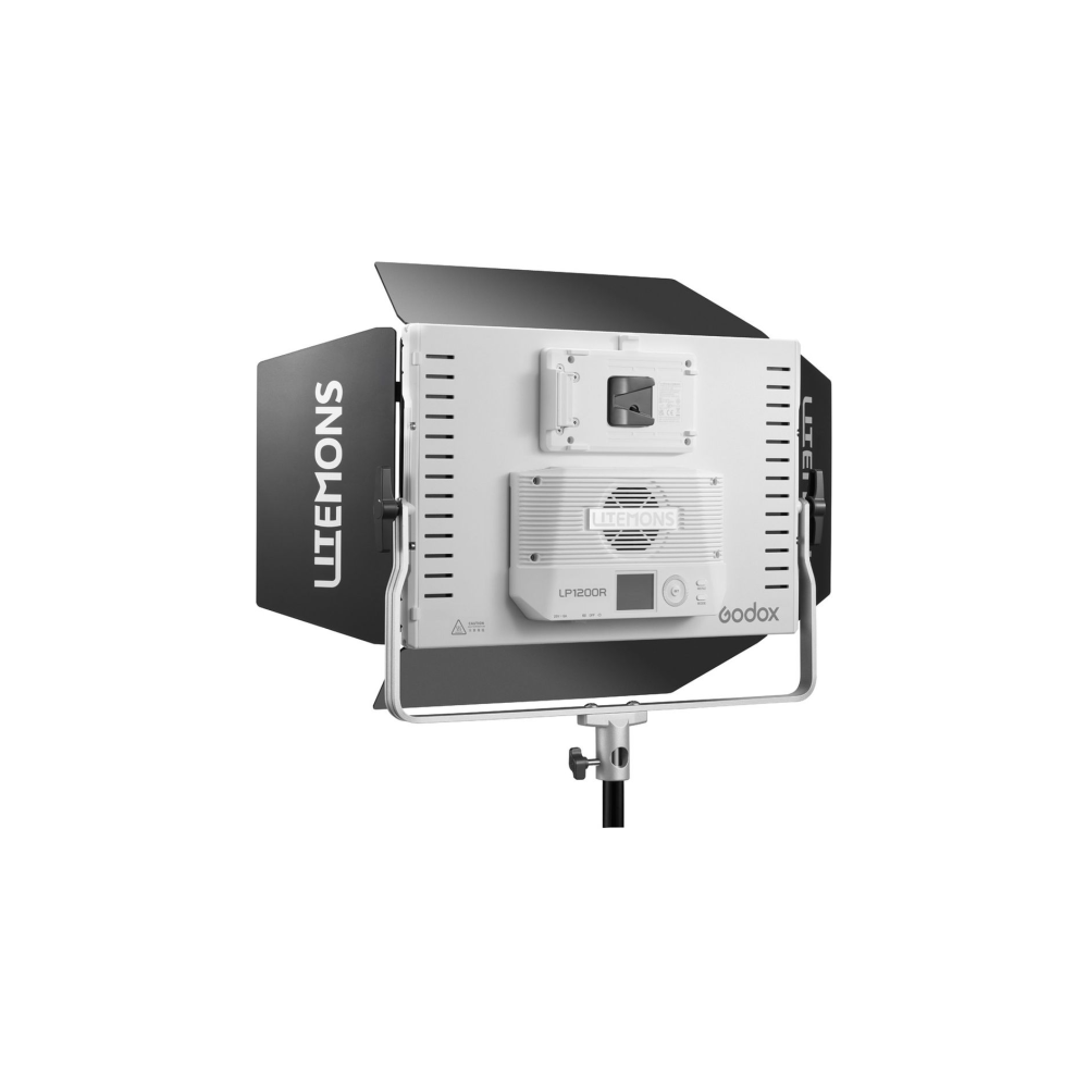 Une lumière LED blanche avec portes coupe-flux noires, modèle LP1200R.