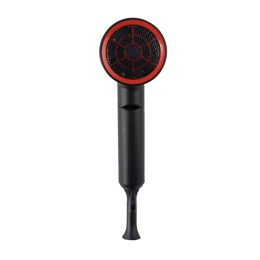 Un asciugacapelli nero con bordo rosso e griglia.