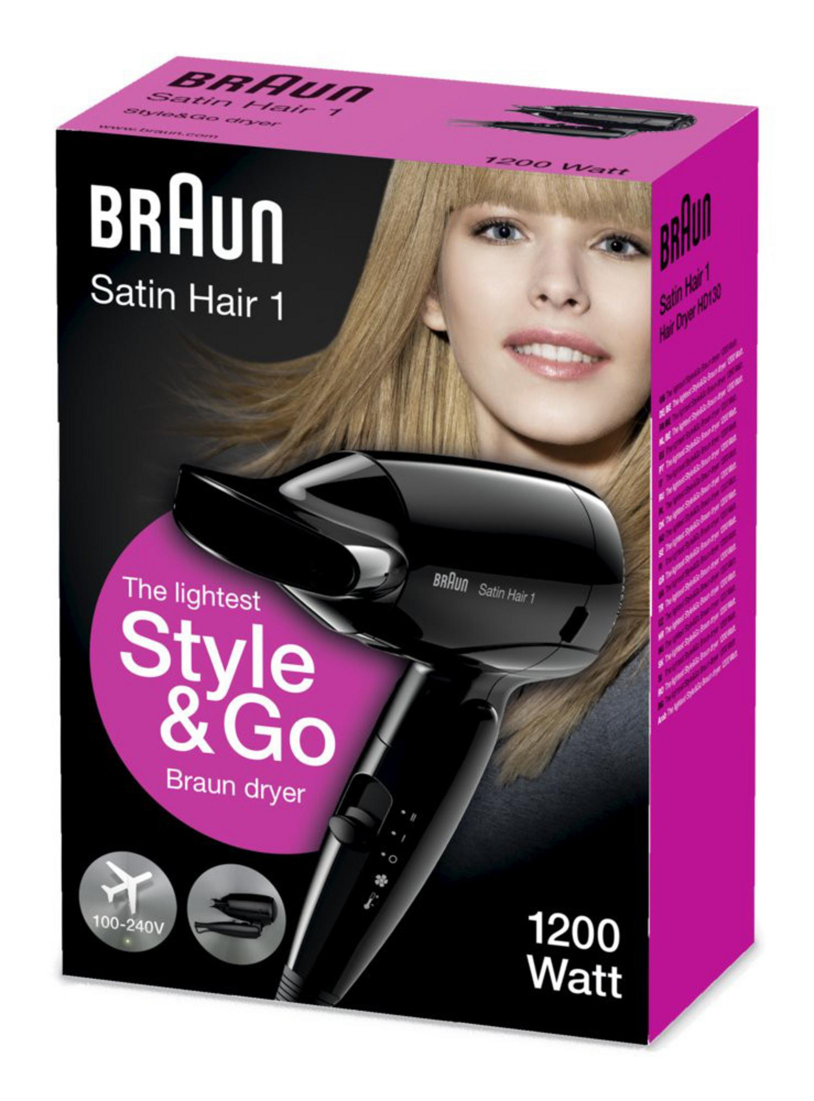 Braun Satin Hair 1 Trocknerbox mit Gesicht und blondem Haar einer Frau.