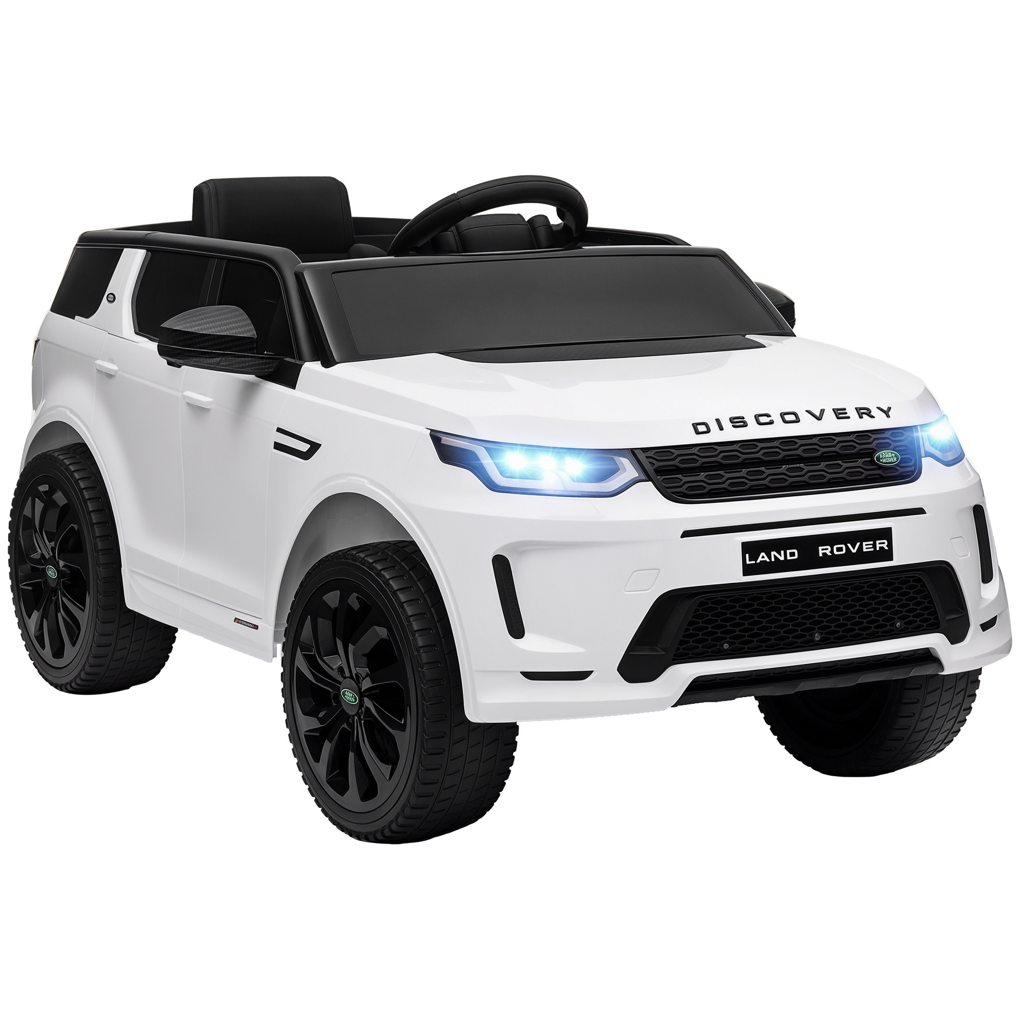 Un'auto elettrica bianca per bambini, design Land Rover Discovery.